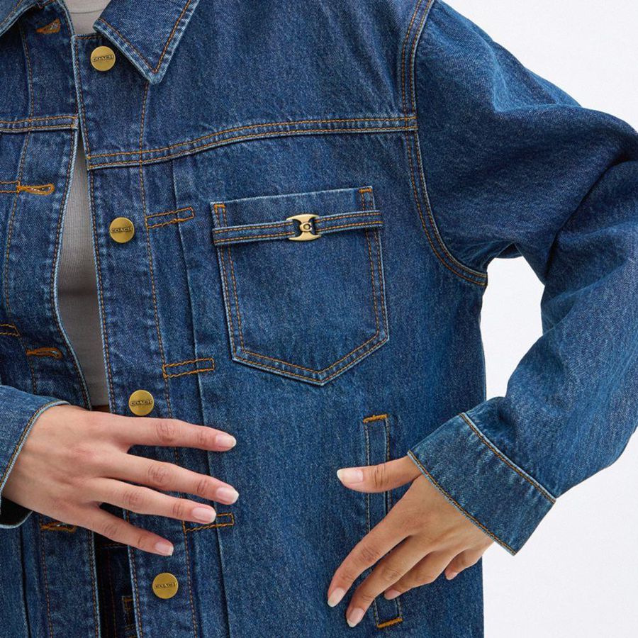 Casaco COACH Heritage C Denim Trucker Feminino Azuis | 14523AUDO