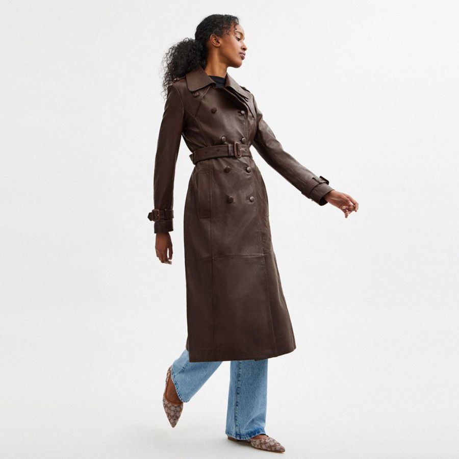 Casaco COACH Heritage C Double Breasted Leather Trench Feminino Marrom | 70514PFEK