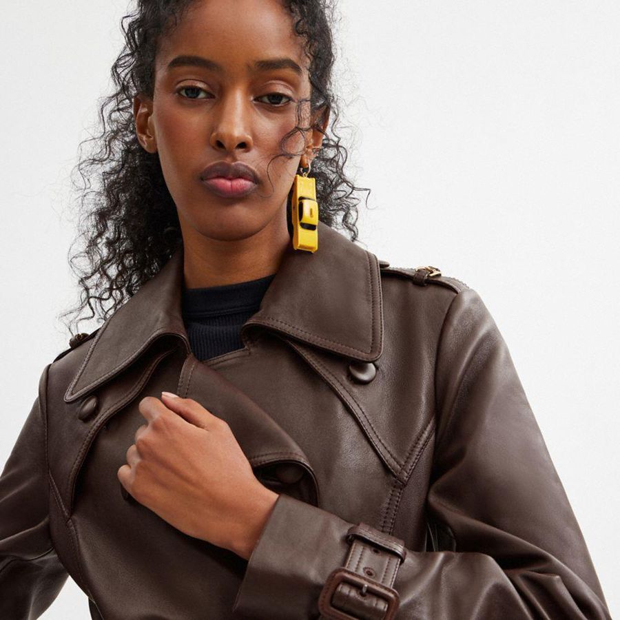 Casaco COACH Heritage C Double Breasted Leather Trench Feminino Marrom | 70514PFEK