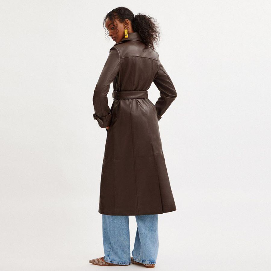 Casaco COACH Heritage C Double Breasted Leather Trench Feminino Marrom | 70514PFEK