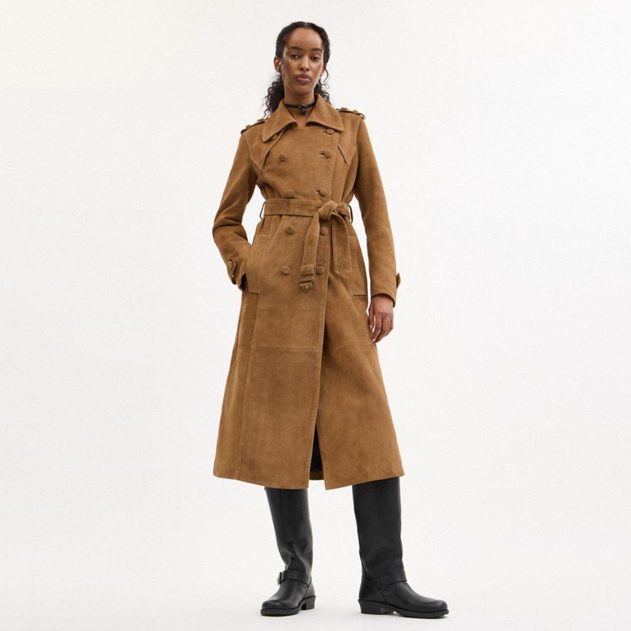 Casaco COACH Heritage C Plaque Suede Trench Feminino Marrom | 10582QTDU