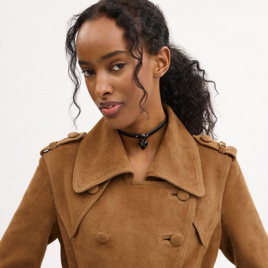 Casaco COACH Heritage C Plaque Suede Trench Feminino Marrom | 10582QTDU