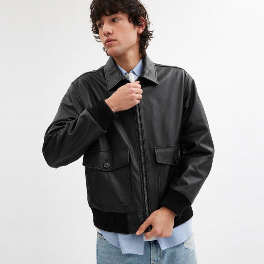 Casaco COACH Leather Bomber Masculino Pretas | 84916SHAM