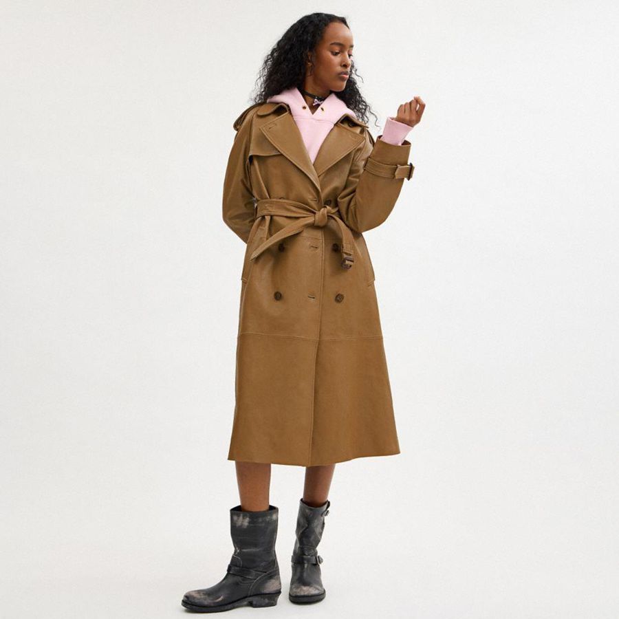 Casaco COACH Leather Double Breasted Trench Feminino Marrom | 72965PGVJ