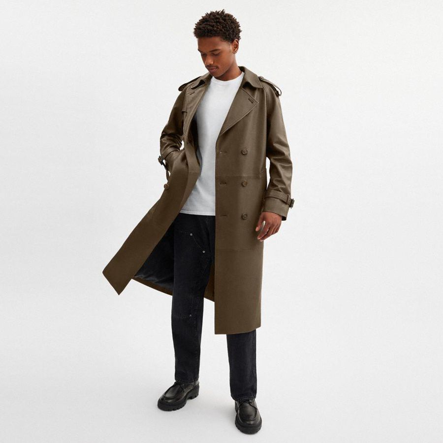 Casaco COACH Leather Trench Coat Masculino Verde Oliva | 63849HSZP