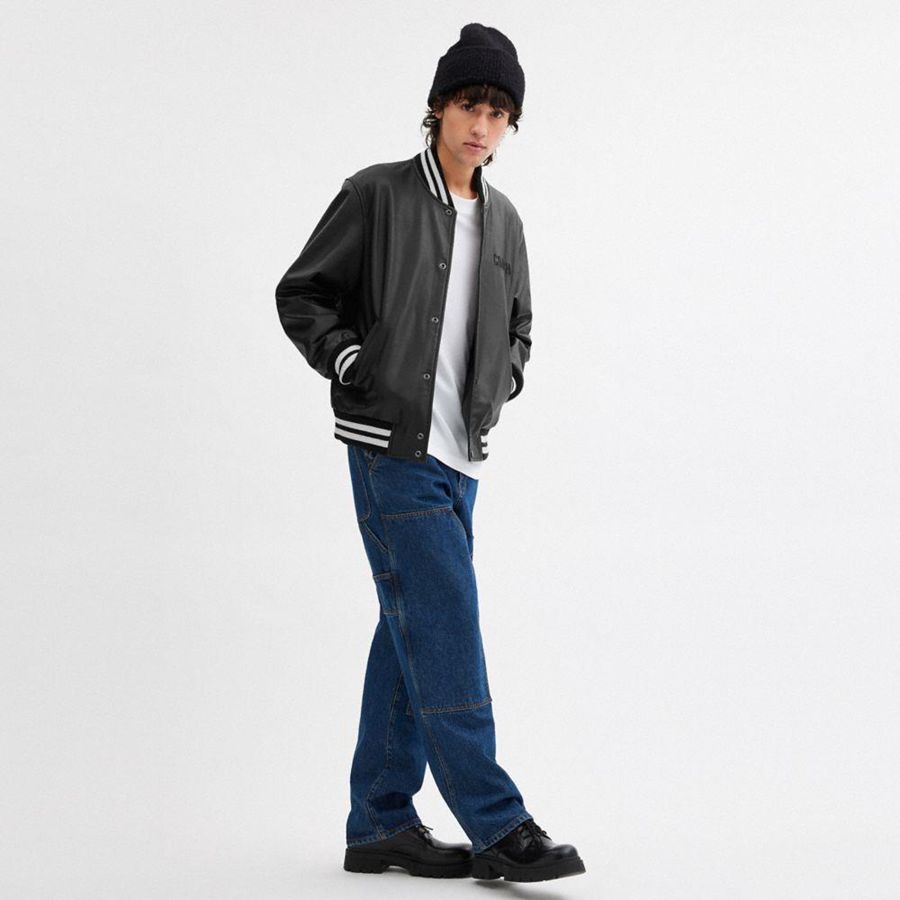 Casaco COACH Leather Varsity Masculino Pretas | 02431OUGS