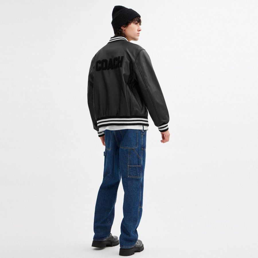 Casaco COACH Leather Varsity Masculino Pretas | 02431OUGS
