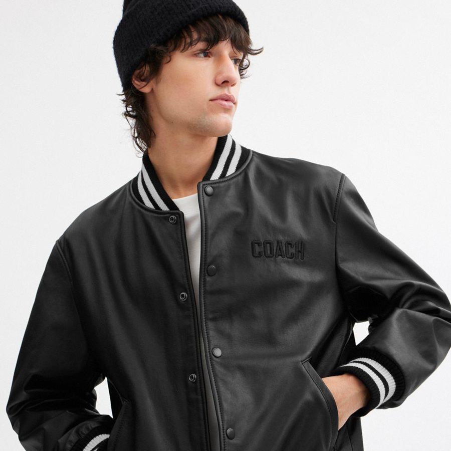 Casaco COACH Leather Varsity Masculino Pretas | 02431OUGS