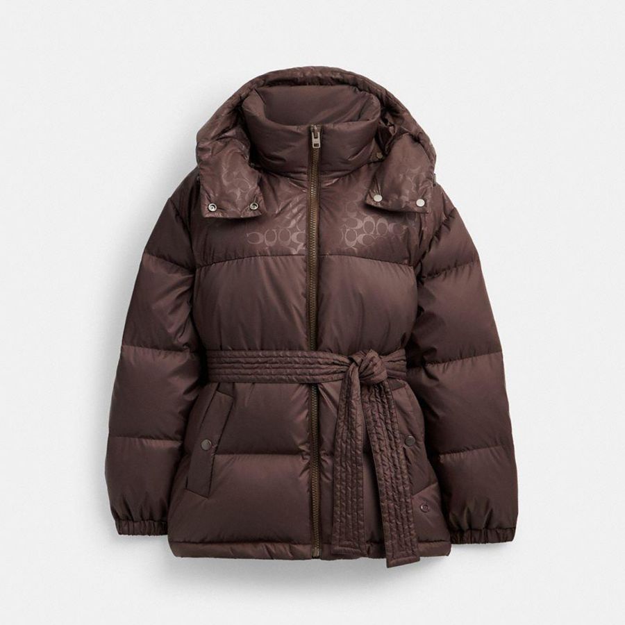 Casaco COACH Mid Length Belted Down In Recycled Polyamide Feminino Marrom | 47915XFCB