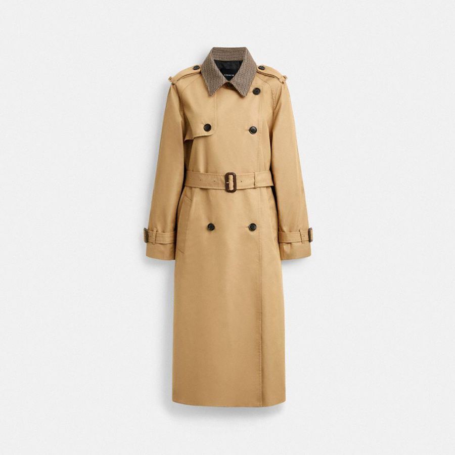 Casaco COACH Mixed Material Trench Feminino Caqui | 51637KMLY