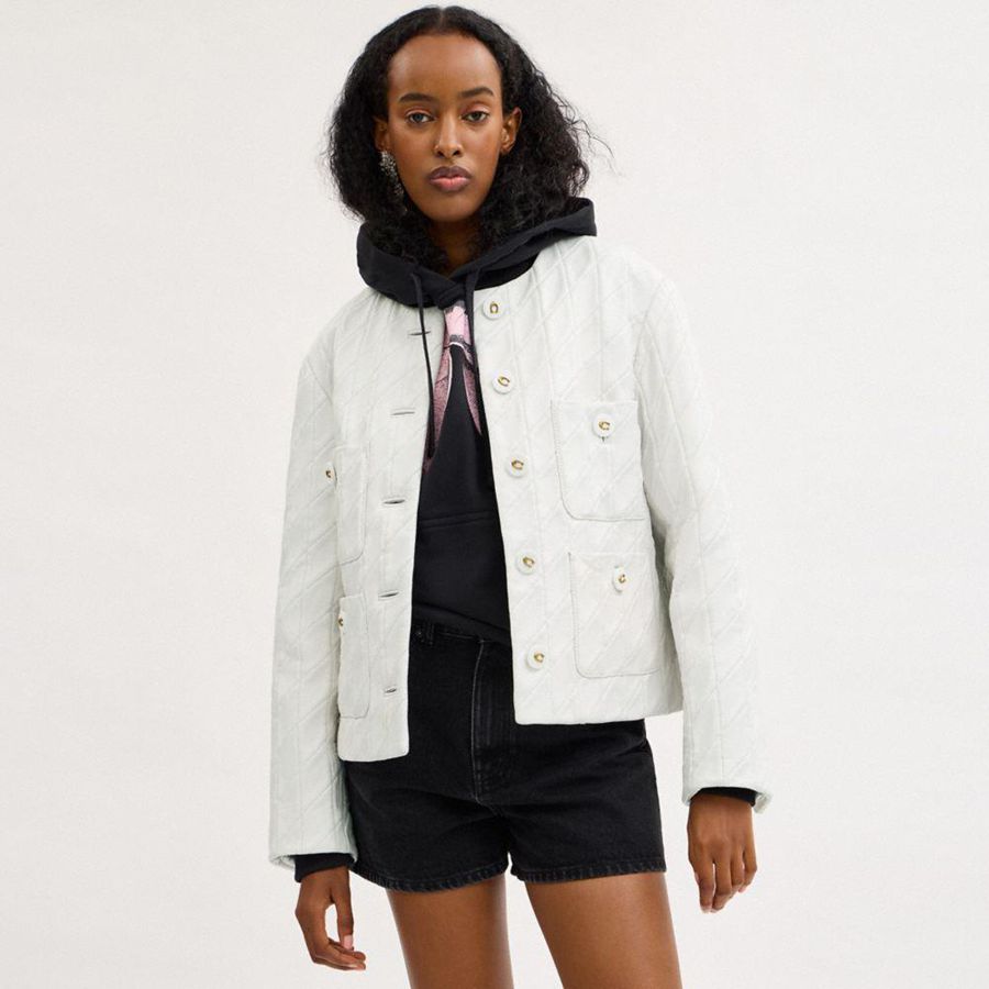Casaco COACH Quilted Leather Cardigan Feminino Branco | 57968EVFX