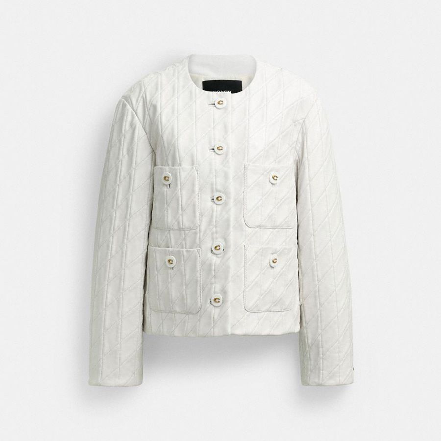 Casaco COACH Quilted Leather Cardigan Feminino Branco | 57968EVFX
