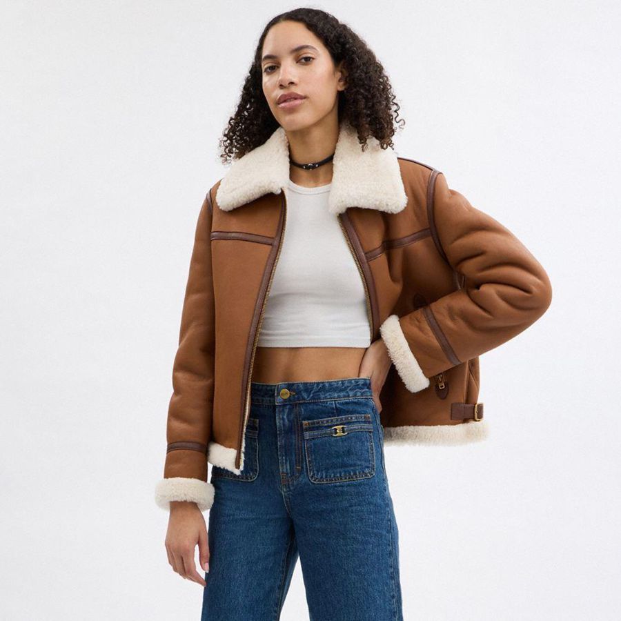 Casaco COACH Shearling Aviator Feminino Marrom | 81625ECFO