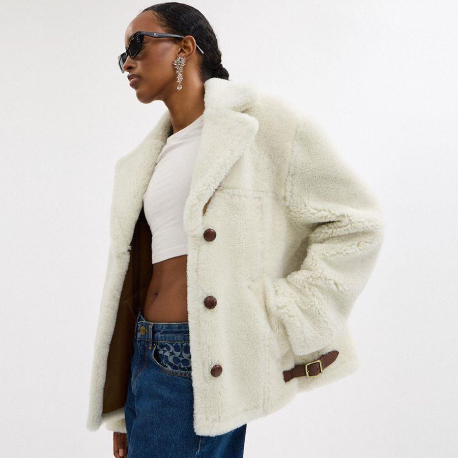 Casaco COACH Shearling Cardi Feminino Branco | 39476XEZM