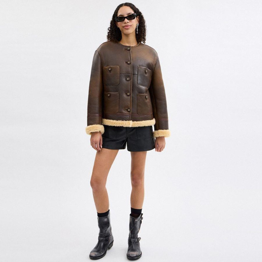 Casaco COACH Shearling Cardigan Feminino Marrom | 19258RDWL