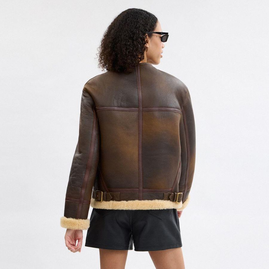 Casaco COACH Shearling Cardigan Feminino Marrom | 19258RDWL