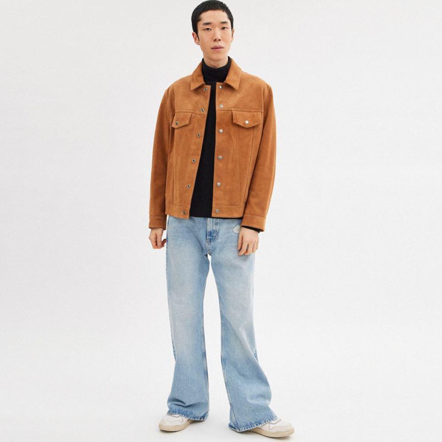 Casaco COACH Suede Leather Masculino Marrom | 30754ZKHD