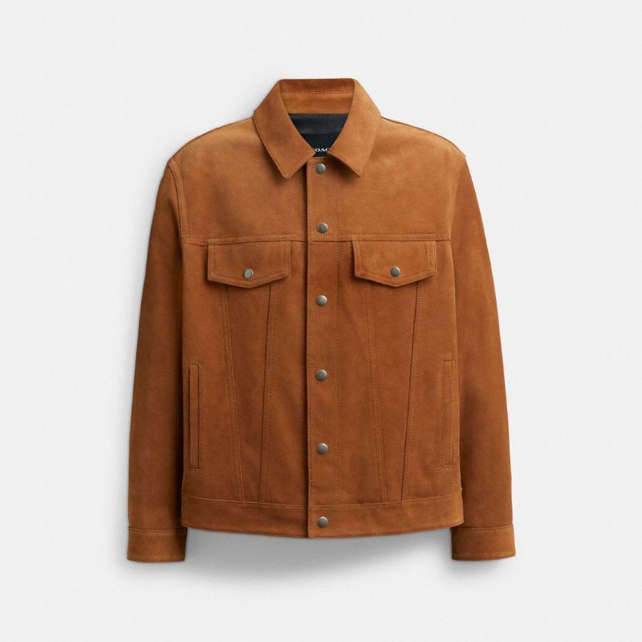 Casaco COACH Suede Leather Masculino Marrom | 30754ZKHD