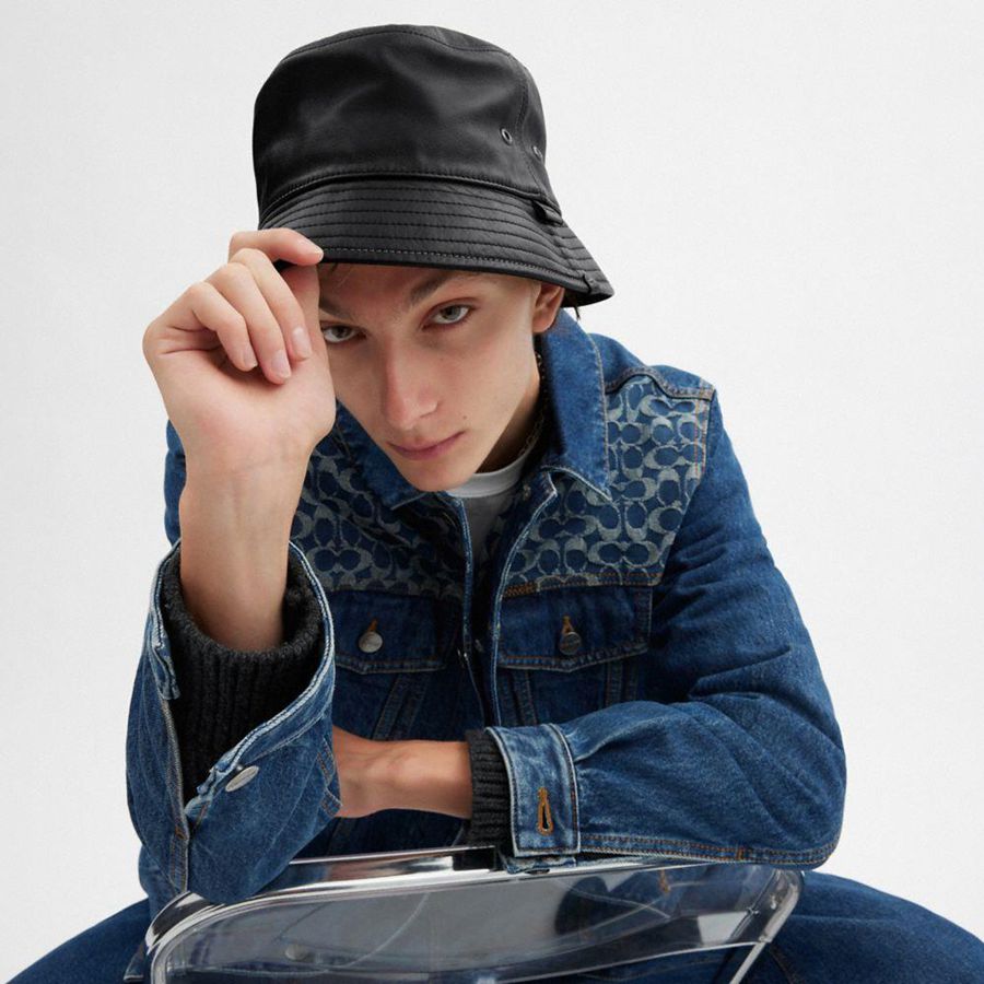 Chapéu COACH Leather Bucket Masculino Pretas | 67402IZHG