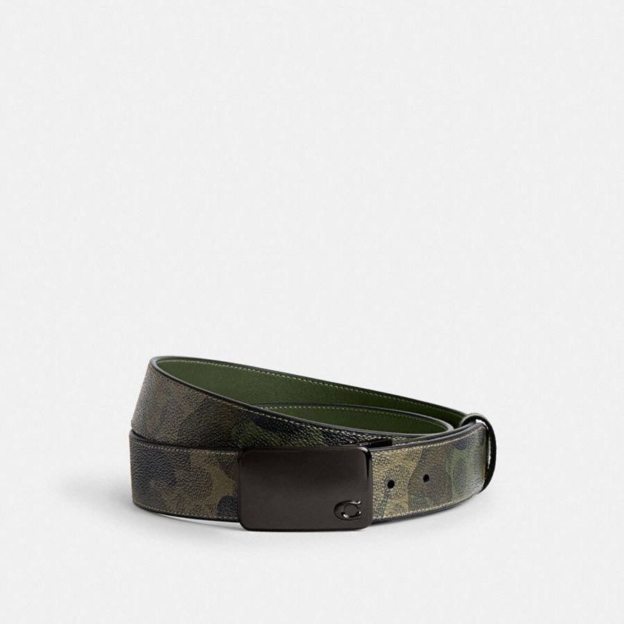 Cintos COACH Signature Plaque Buckle Cut To Size Reversible With Signature Camo Print, 38 Mm Masculino Verdes | 63897RQTJ