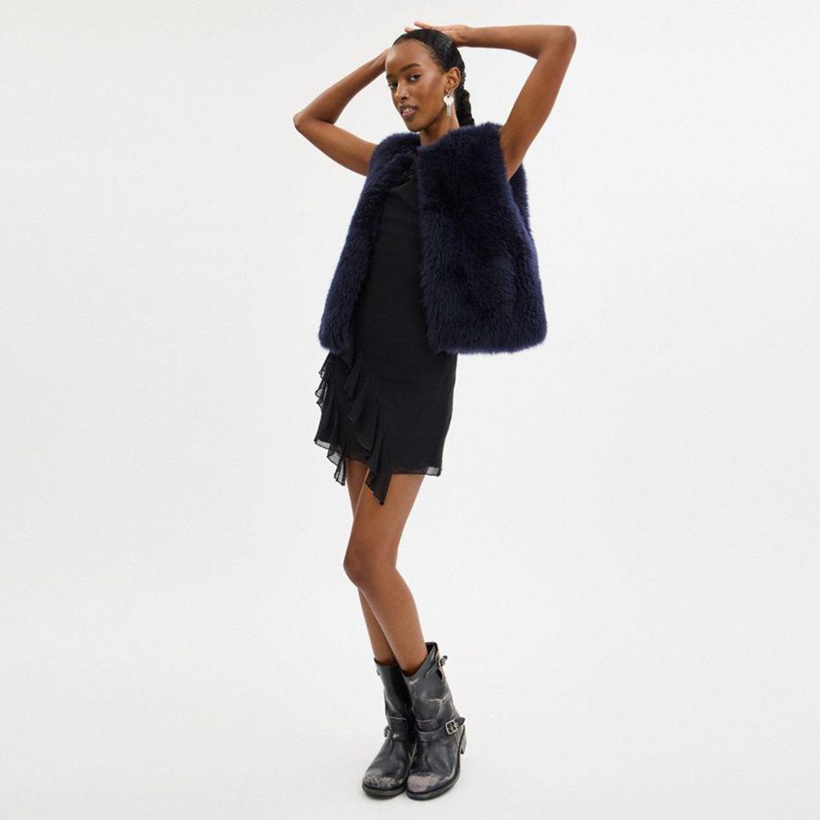 Colete COACH Fluffy Shearling Feminino Azuis | 39428ICUD