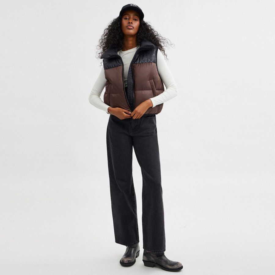 Colete COACH Puffer In Recycled Polyamide Feminino Marrom | 52317PEUF