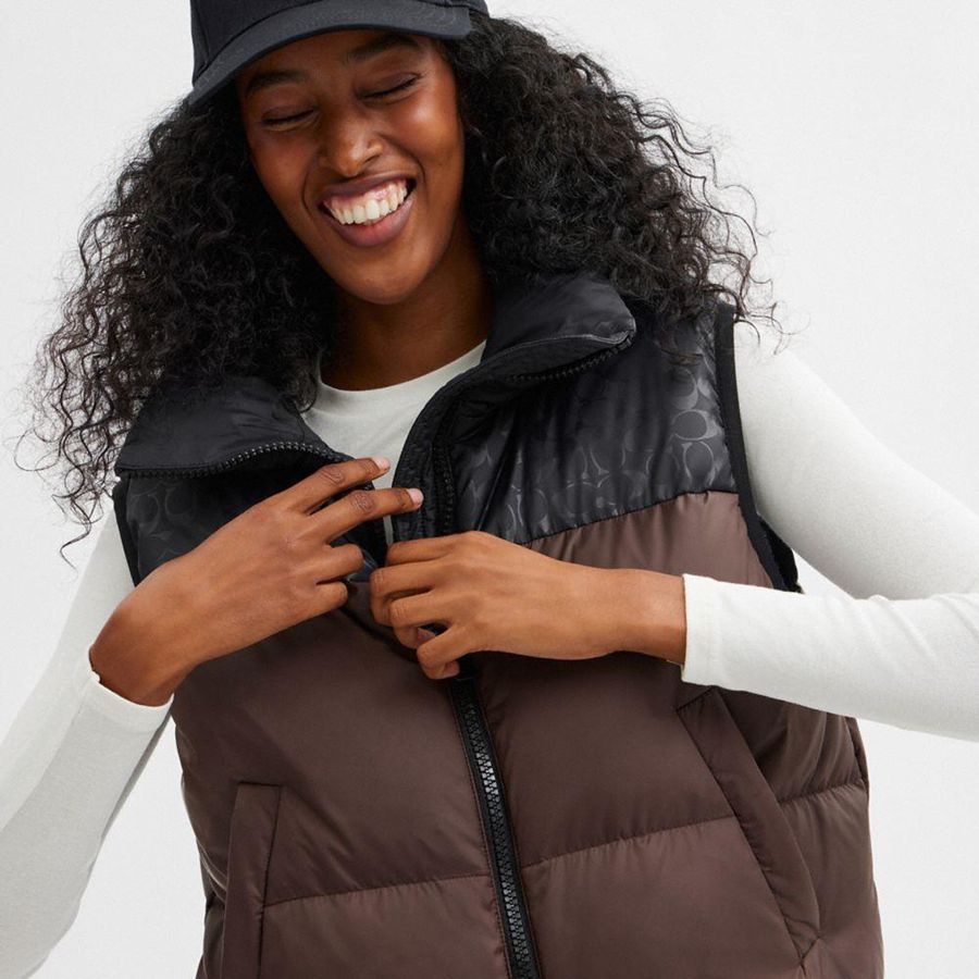 Colete COACH Puffer In Recycled Polyamide Feminino Marrom | 52317PEUF
