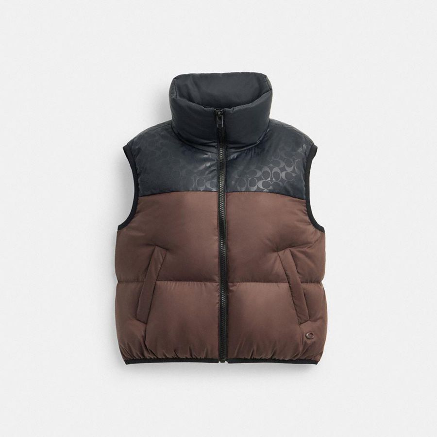 Colete COACH Puffer In Recycled Polyamide Feminino Marrom | 52317PEUF