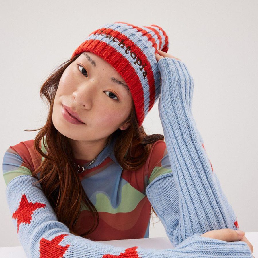 Gorro COACH Beanie With Stripe Pattern Masculino Vermelhas | 12697JMBG