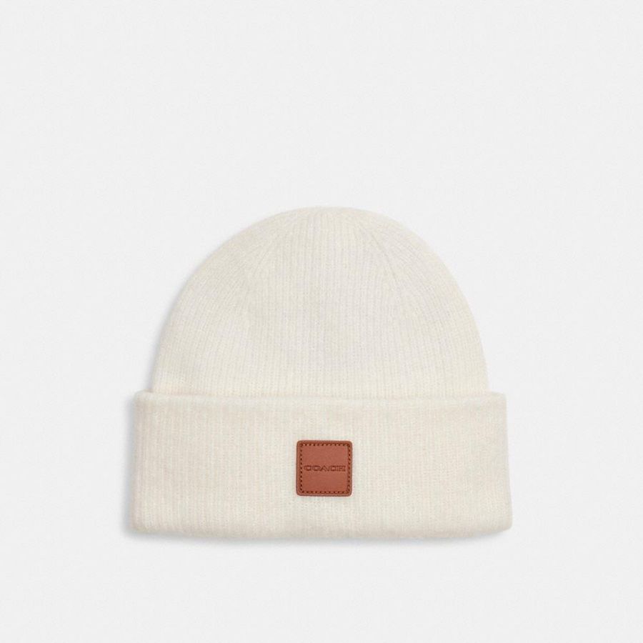 Gorro COACH Knit With Leather Patch Feminino Branco | 40698OLDZ