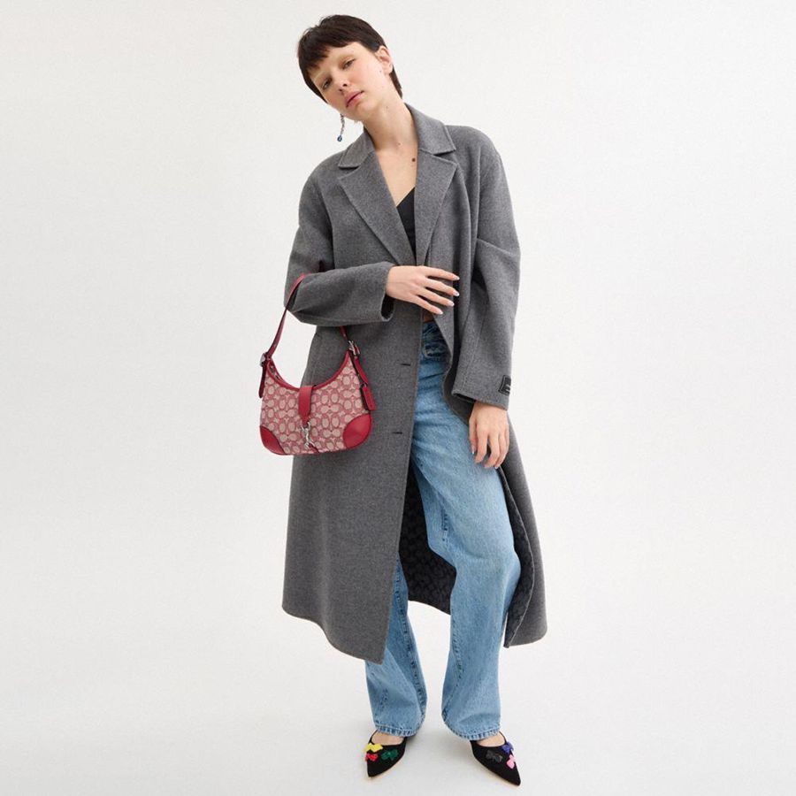 Hobo Bag COACH Hamptons In Signature Textile Jacquard Feminino Vermelhas | 82407LVOB