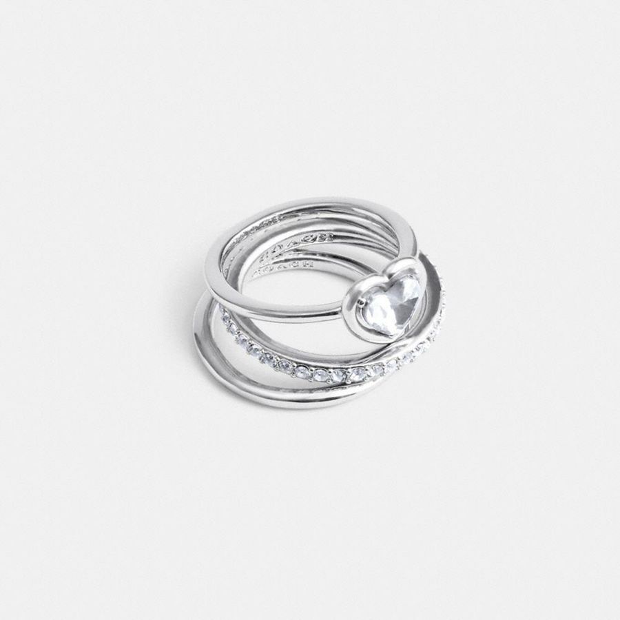 Jóias COACH Halo Heart Ring Set Feminino Prateadas | 06812QTDE