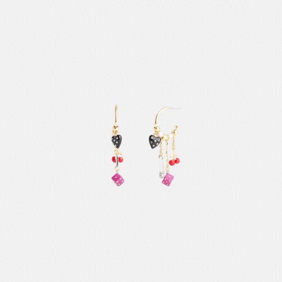 Jóias COACH Heart And Dice Charm Hoop Earrings Feminino Douradas | 73281YTIZ