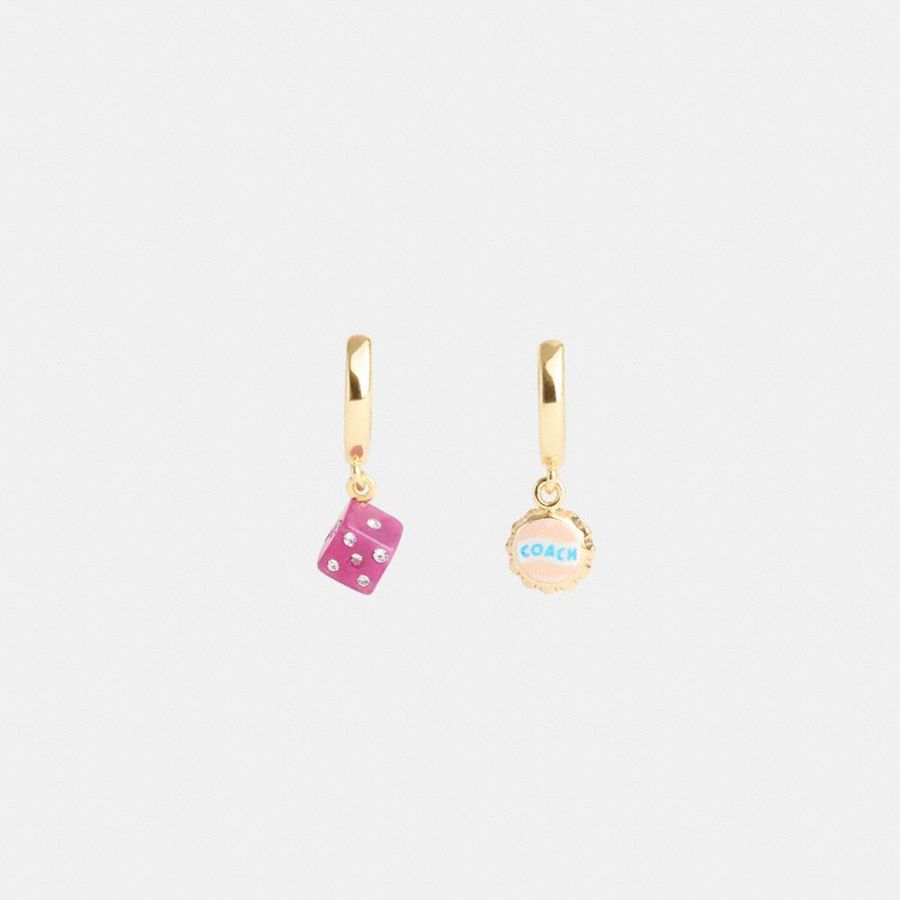 Jóias COACH Mini Bottle Cap And Dice Mismatch Earrings Feminino Douradas | 42819UQWD