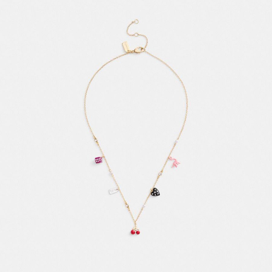 Jóias COACH Mini Heart And Dice Charm Necklace Feminino Douradas | 90725PHJZ