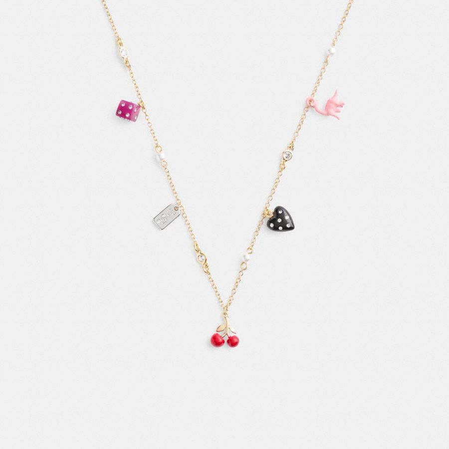 Jóias COACH Mini Heart And Dice Charm Necklace Feminino Douradas | 90725PHJZ