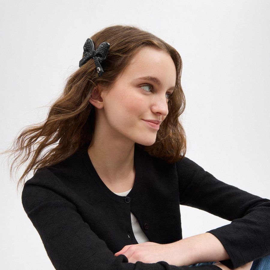 Jóias COACH Pavé Bow Barrette Feminino Pretas | 51382EAVW