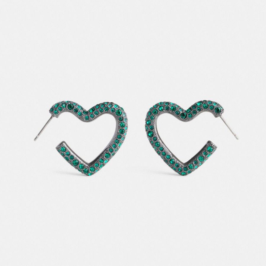 Jóias COACH Pavé Heart Hoop Earrings Feminino Verdes | 86935RQKA