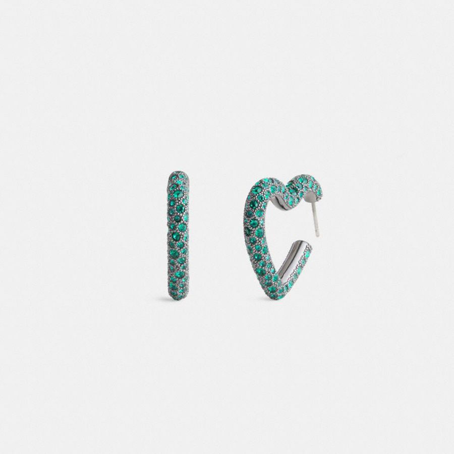 Jóias COACH Pavé Heart Hoop Earrings Feminino Verdes | 86935RQKA