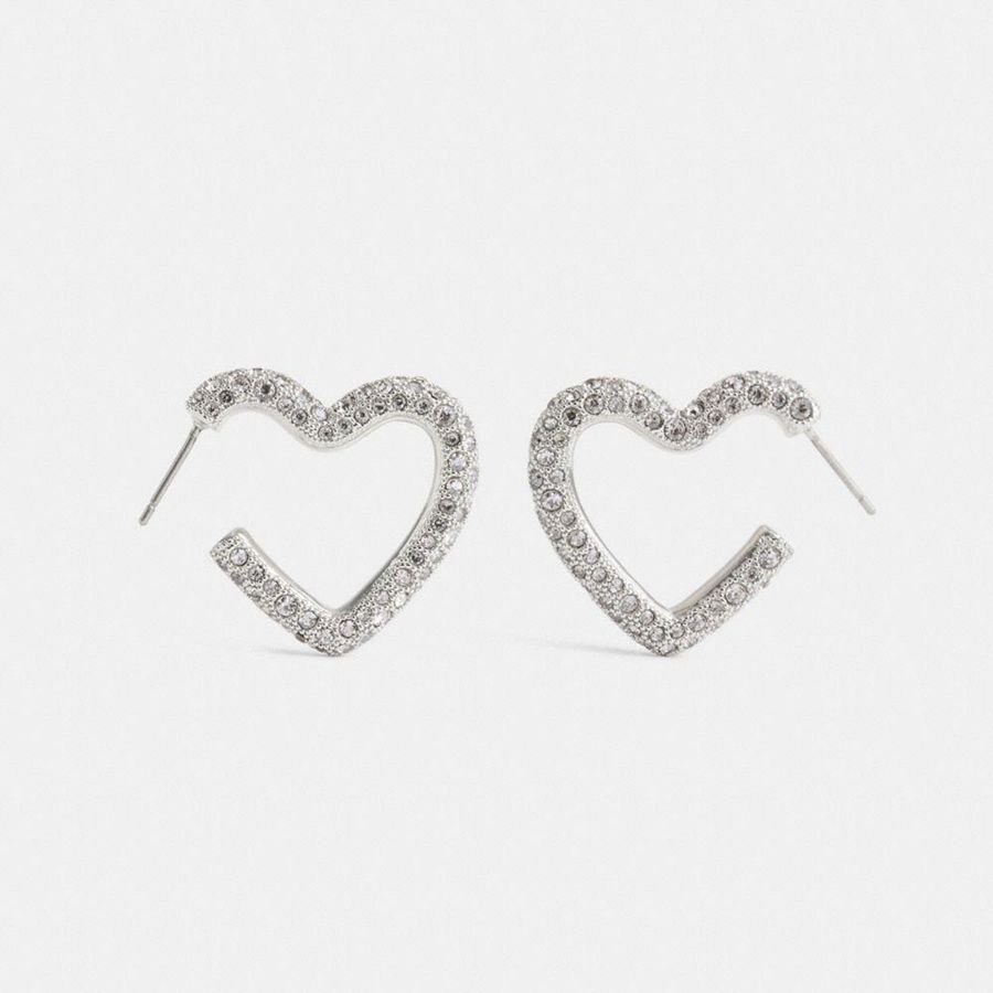 Jóias COACH Pavé Heart Hoop Earrings Feminino Prateadas | 51437UTBP
