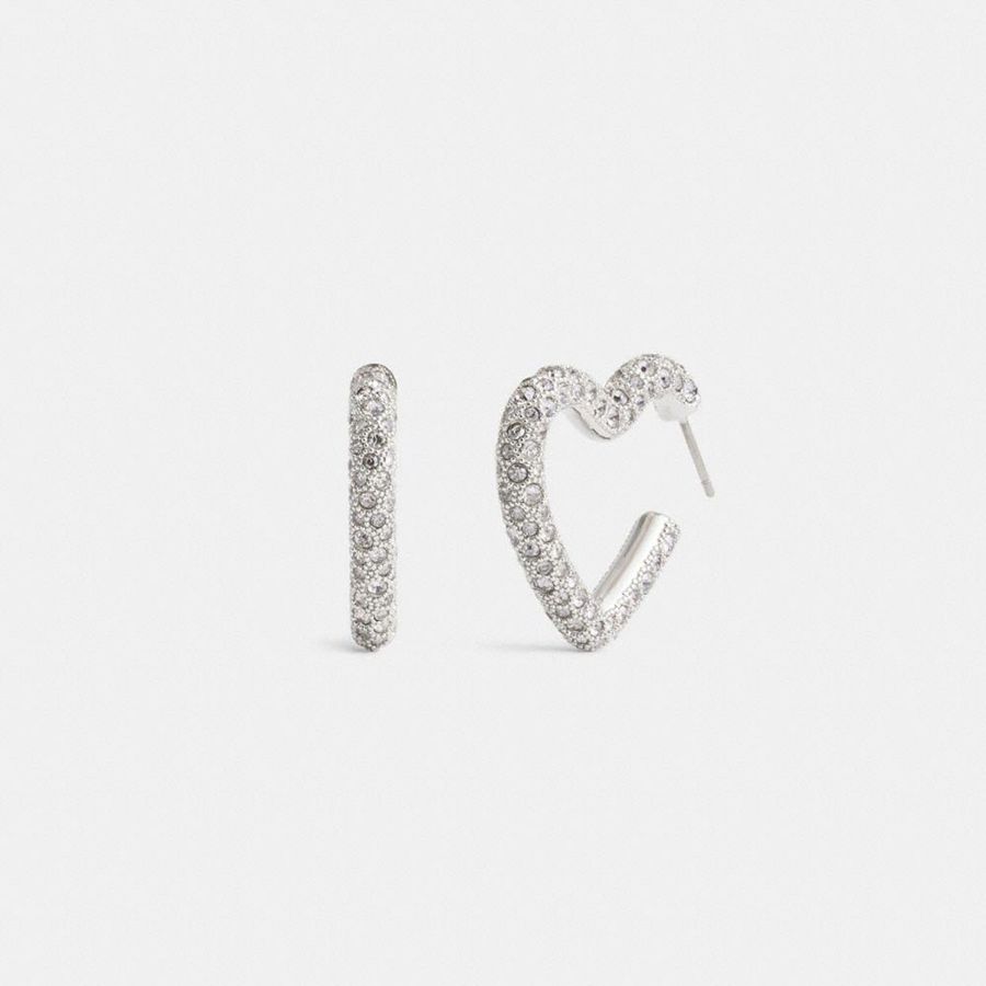 Jóias COACH Pavé Heart Hoop Earrings Feminino Prateadas | 51437UTBP