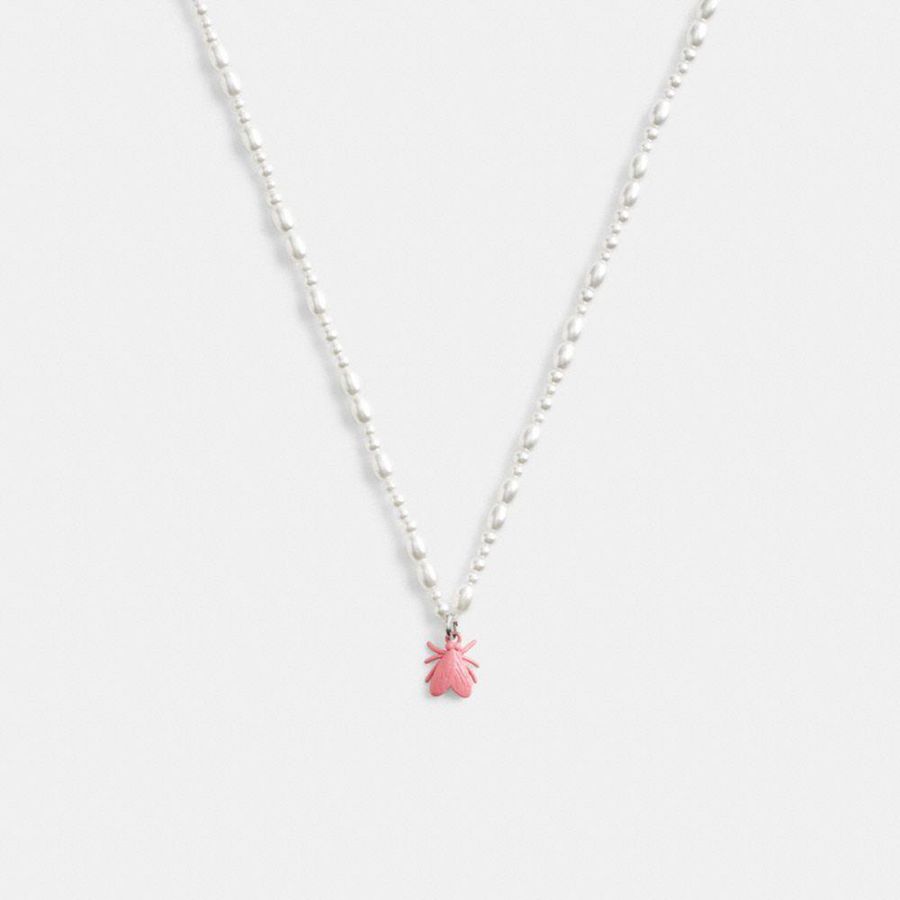 Jóias COACH Pearl Fly Pendant Necklace Feminino Prateadas | 25704DPGU