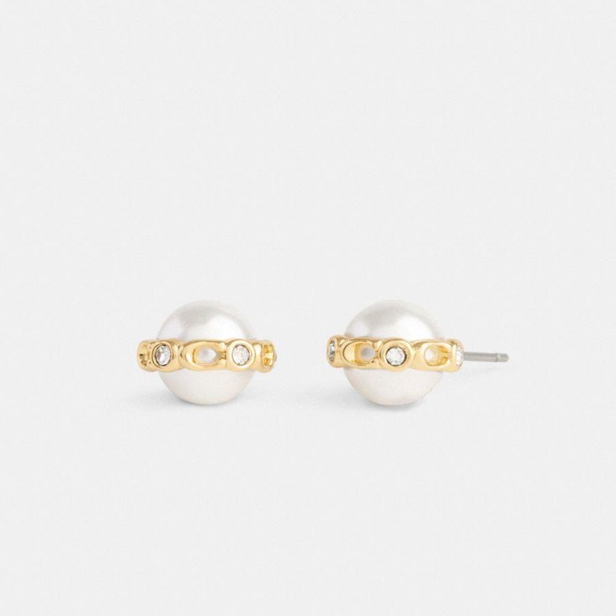 Jóias COACH Pearl Signature Stud Earrings Feminino Douradas | 90174VRHU