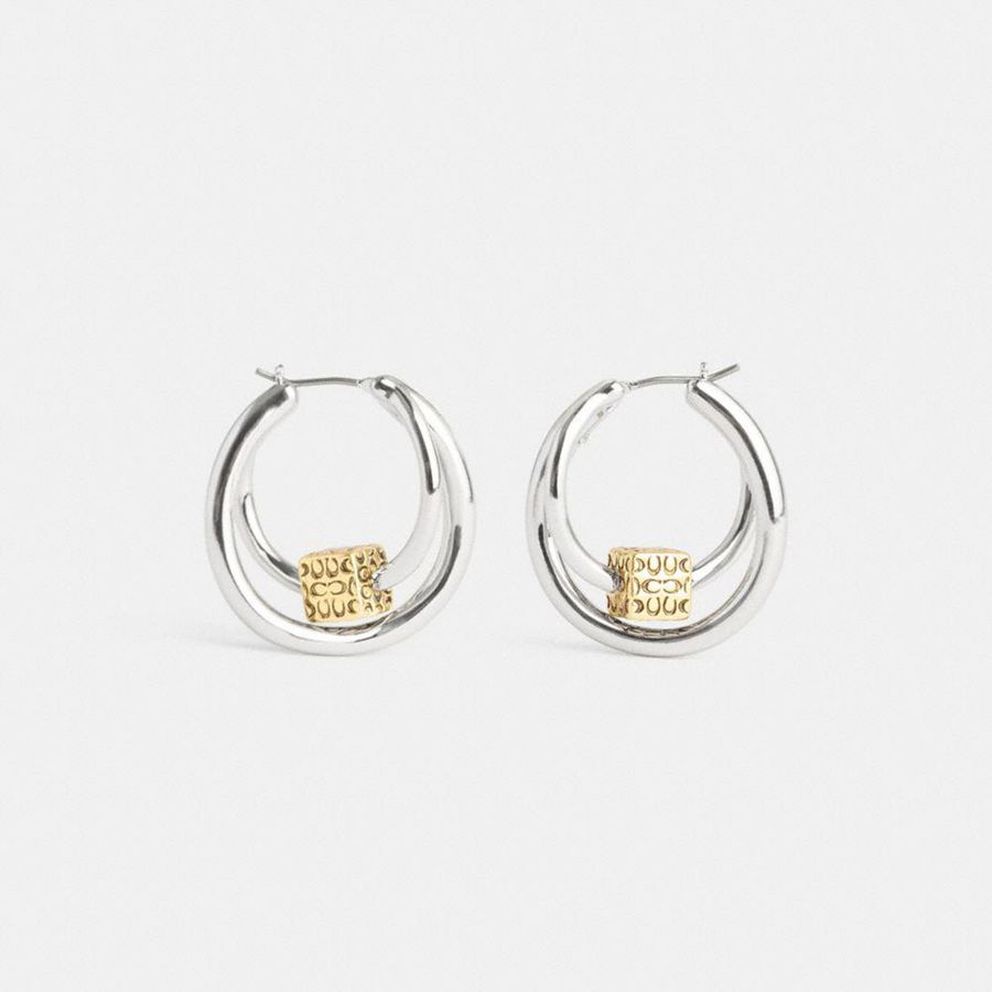 Jóias COACH Quilted Cube Double Hoop Earrings Feminino Prateadas | 18324USCL