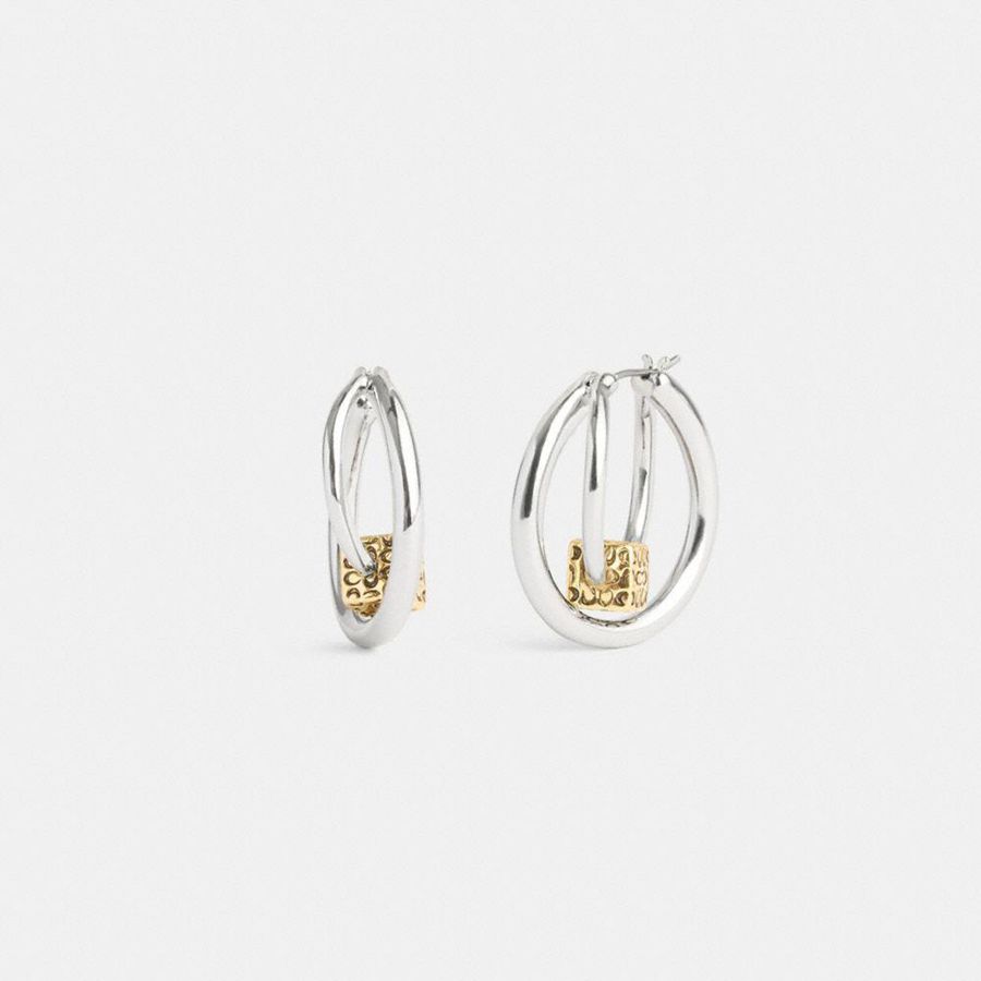 Jóias COACH Quilted Cube Double Hoop Earrings Feminino Prateadas | 18324USCL