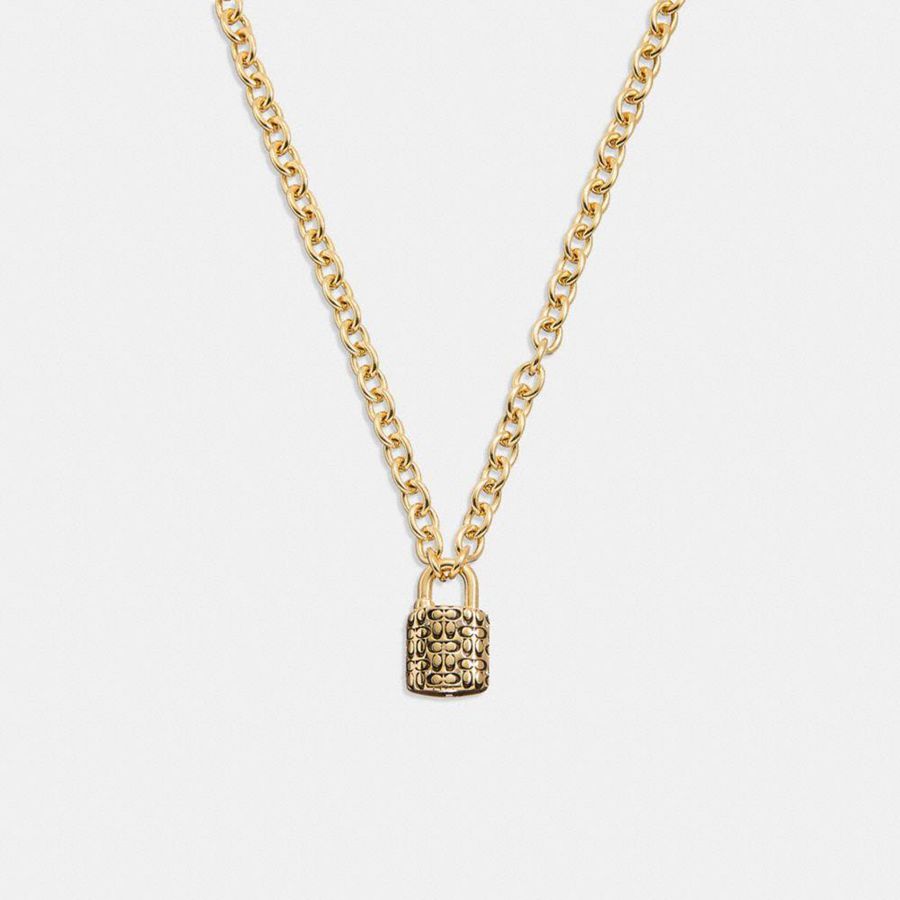 Jóias COACH Quilted Padlock Chain Necklace Feminino Douradas | 40619JAID