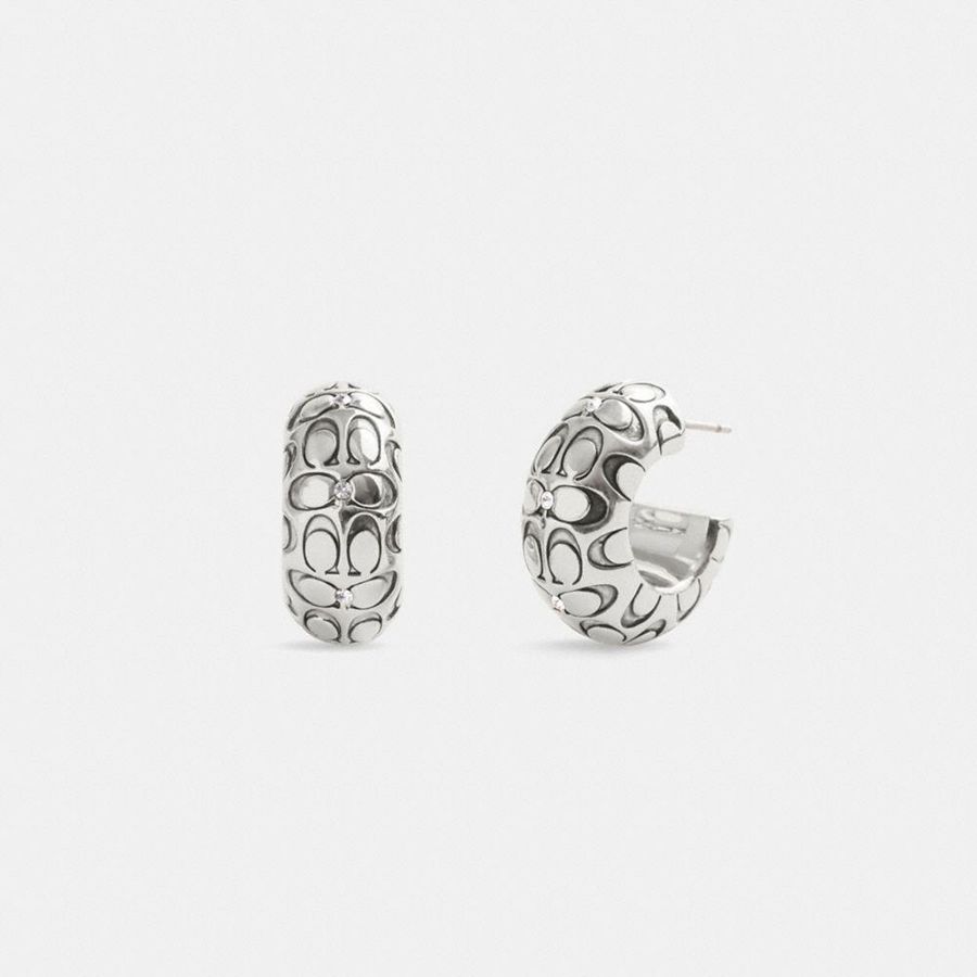 Jóias COACH Quilted Signature Chunky Hoop Earrings Feminino Prateadas | 91326GDIM