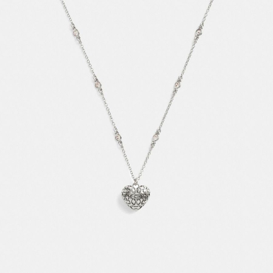 Jóias COACH Quilted Signature Heart Pendant Necklace Feminino Prateadas | 15824SBZD