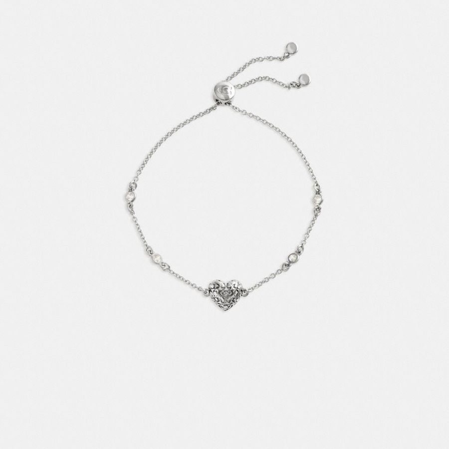 Jóias COACH Quilted Signature Heart Slider Bracelet Feminino Prateadas | 60134NWKR