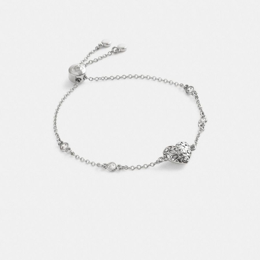 Jóias COACH Quilted Signature Heart Slider Bracelet Feminino Prateadas | 60134NWKR